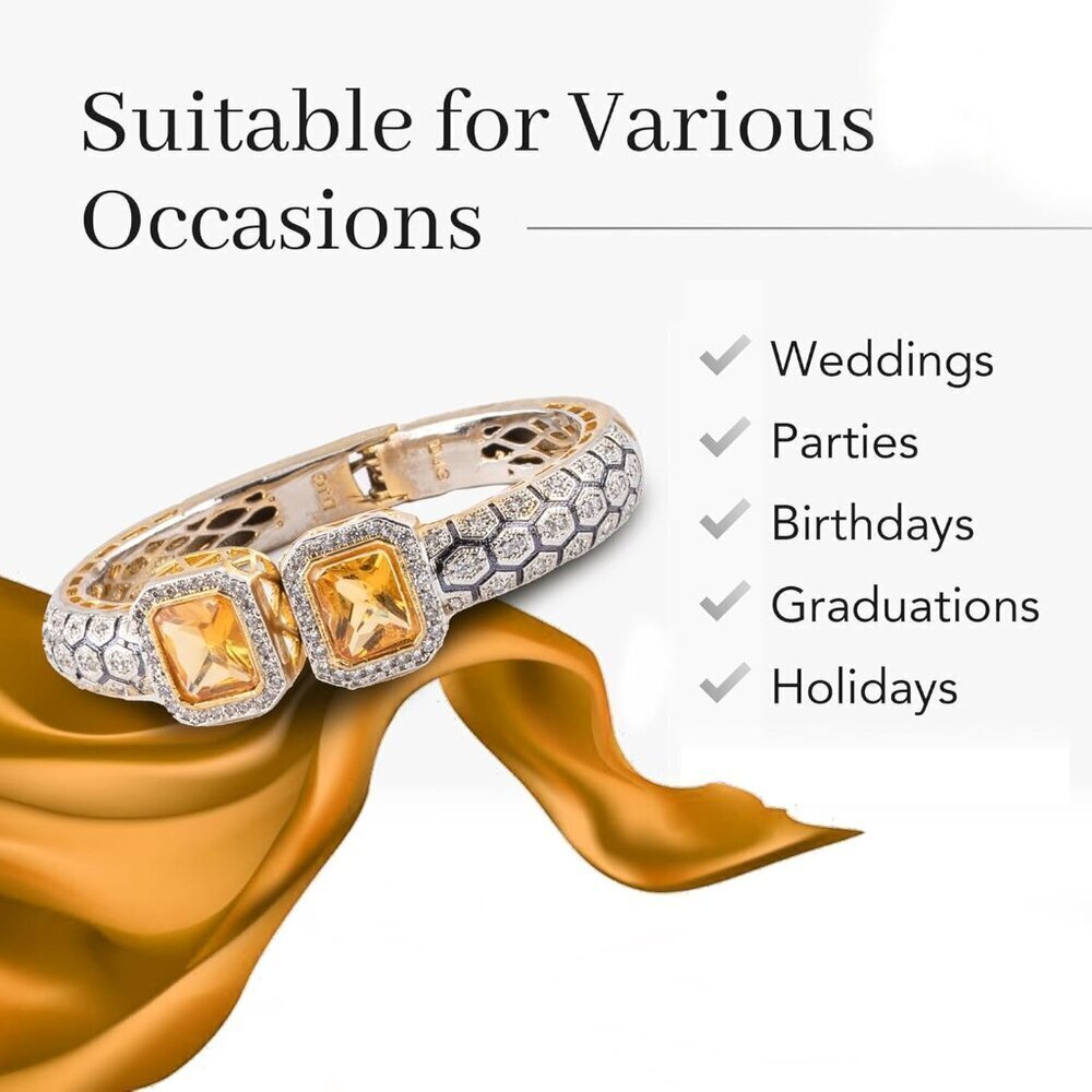 Women's Topaz 18k Gold Plated Cuff Intricate Hexagonal Design Stunning Bangle - Picture 7 of 9
